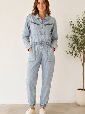 Bershka Light Blue Denim Zip-Front Jumpsuit Medium Streetwear Y2K